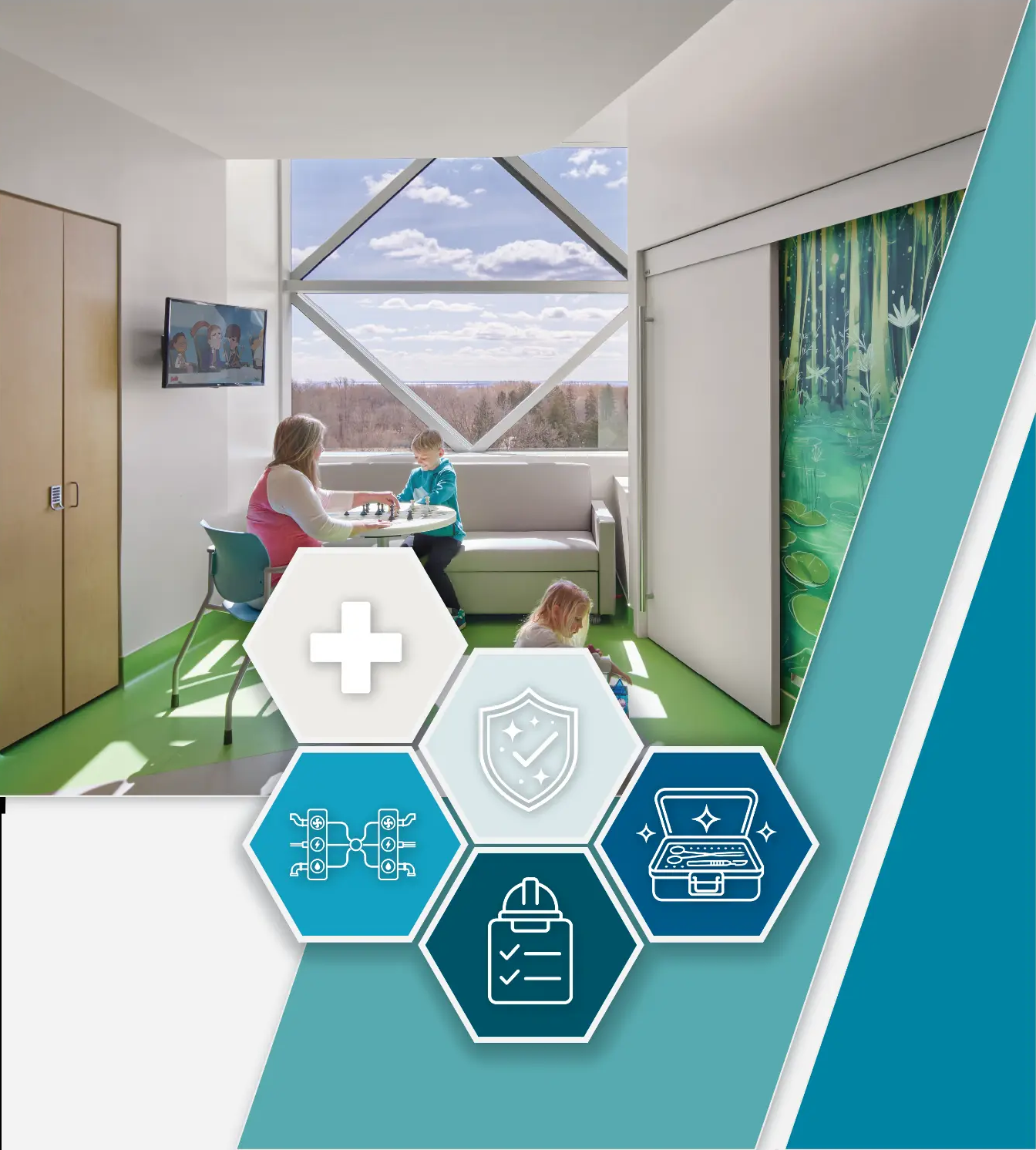 Pediatric healthcare proposal cover with a bright patient-room photograph, teal panels, and service icons