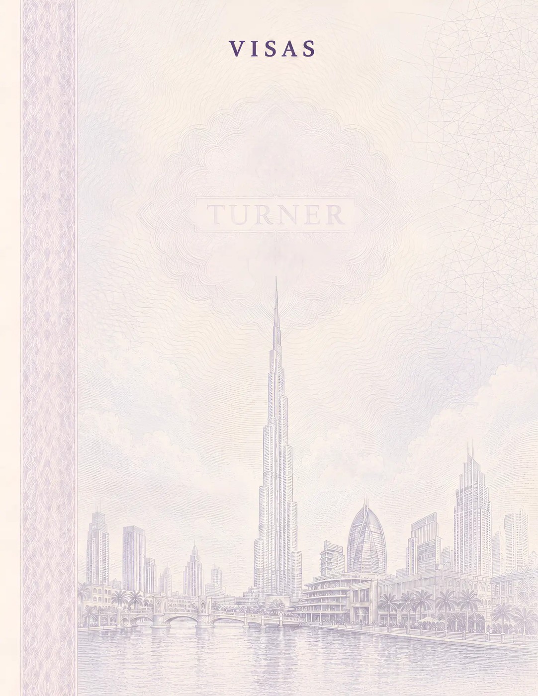 Passport-style visa page design featuring an engraved illustration of the Dubai skyline with Burj Khalifa — companion piece to the Statue of Unity page